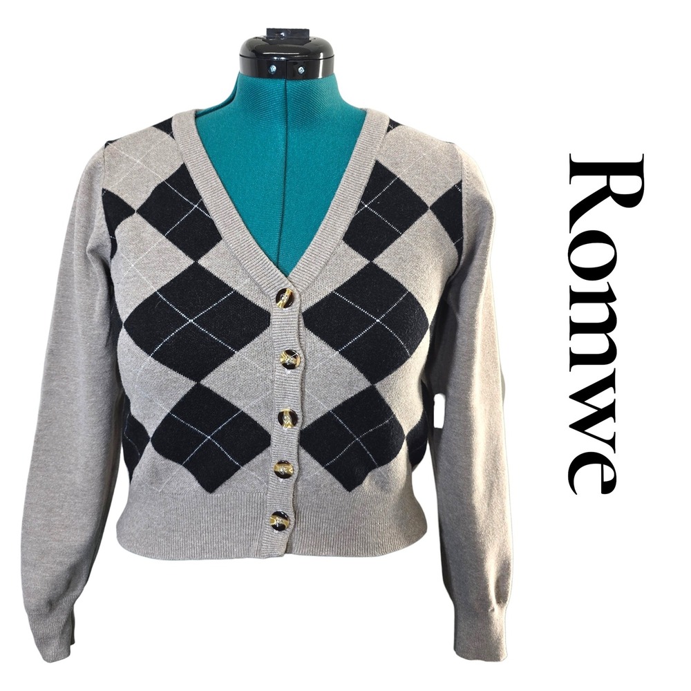 Romwe Tan‎ Black Argyle Cropped Cardigan Sweater V-Neck Medium